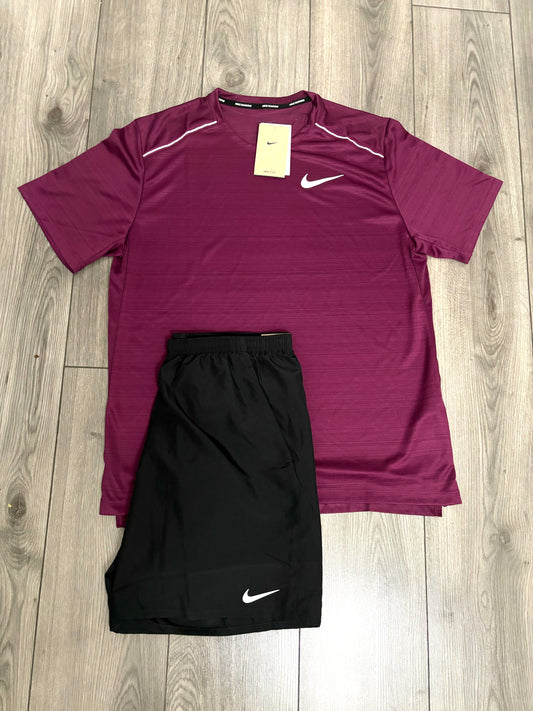 Nike 1.0 Miler & Challenger Set - Tee & Shorts - Beetroot / Black